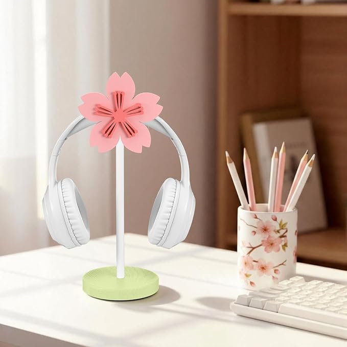 Yookeer Cute Headphone Stand Decorative Sakura Headphone Stand Cute Pink Flower Wood Desk Decor for Gamer Room Office Desk Gaming Gifts for Girlfriend Office Worker