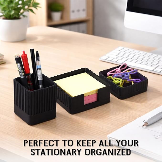 Aesthetic Concrete Desk Organizer Set of 3 - Stylish & Durable Office Accessories - Includes Pen Holder, Paperclip Storage, and Sticky Note Holder for a Clean, Modern Workspace (Black)