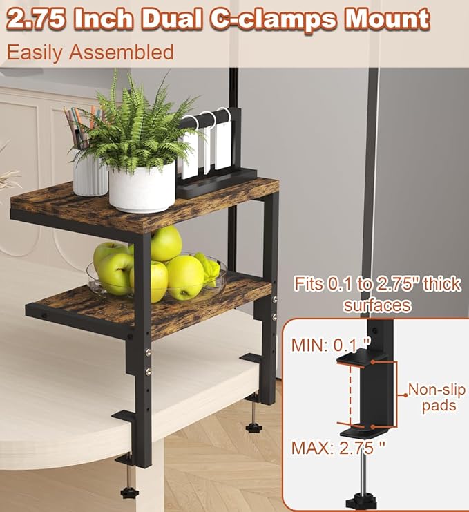 Clamp on Desk Organizer Shelf, Heavy-Duty Desk Extender Side Table with 2-Tier Adjustable Storage Shelves for Desktop Accessories, Gaming Devices, Black