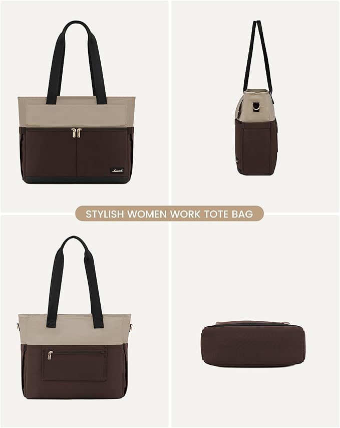 LOVEVOOK Laptop Bag for Women 15.6 Inch Canvas Laptop Large Capacity Work Bags Mutiple Pockets Teacher Bag Water Resistant Computer Bags for Business Travel Nurse, Apricot-coffee