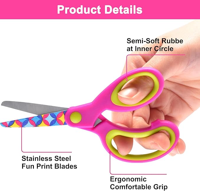 Kids Scissors - Safety Toddler Children Scissors with Blunt Tip - Fun Print Blade - Soft Grip, Great for DIY, Arts, Home, School Classroom Supplies, Assorted Color, 6-Pack