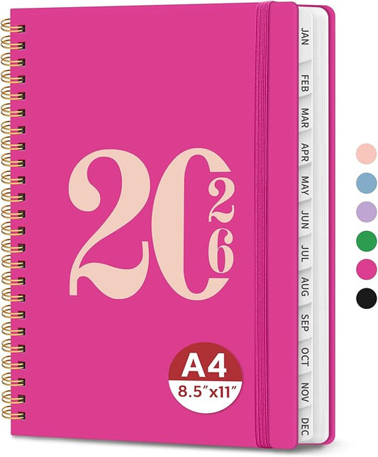 2026 Planner, Weekly and Monthly Calender Planner, Jan 2026 to Dec 2026, Hardcover 2026 Calendar Book with Tabs & Inner Pocket, Office Home School Supplies for Women & Men - A4 (8.5" x 11"), Fuchsia Pink