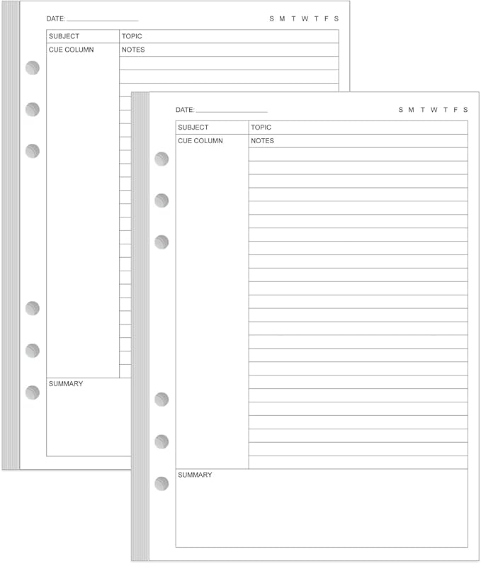 (2-Pack) Cornell Notes Filler Paper for A5 Binder - 6 Hole Cornell Notes Loose Leaf Paper, 100 Sheets/200 Pages, 100gsm, White, 5.8" x 8.3"
