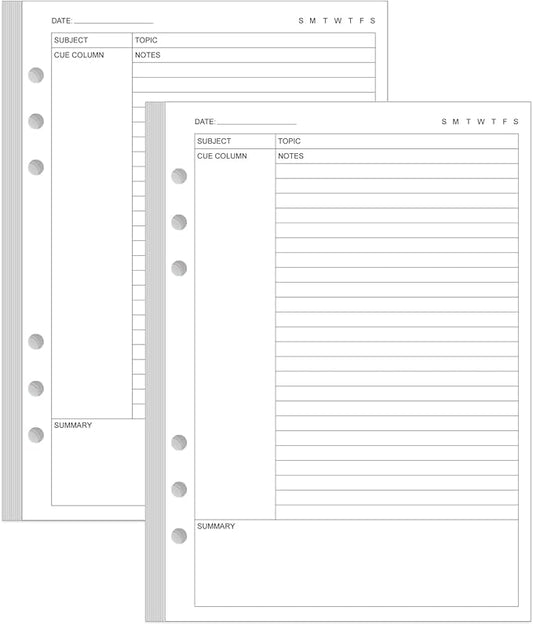 (2-Pack) Cornell Notes Filler Paper for A5 Binder - 6 Hole Cornell Notes Loose Leaf Paper, 100 Sheets/200 Pages, 100gsm, White, 5.8" x 8.3"