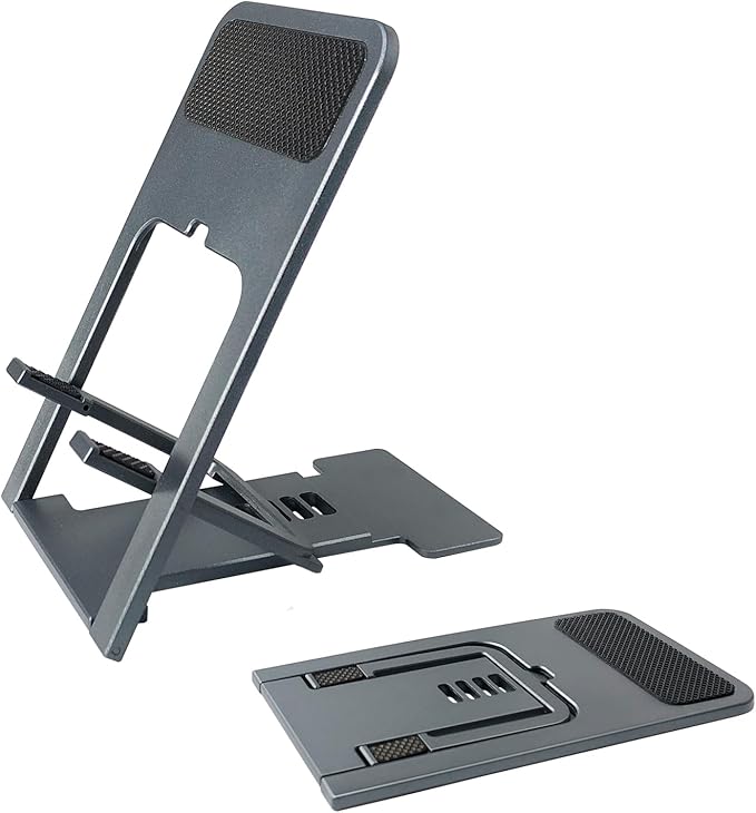 POQOD Ultrathin Cell Phone Stand for Desk, Fully Foldable Phone Holder for Desk Compatible with iPhone 16 15 14 13 12 11, Nintendo Switch, All Phones, (Grey)