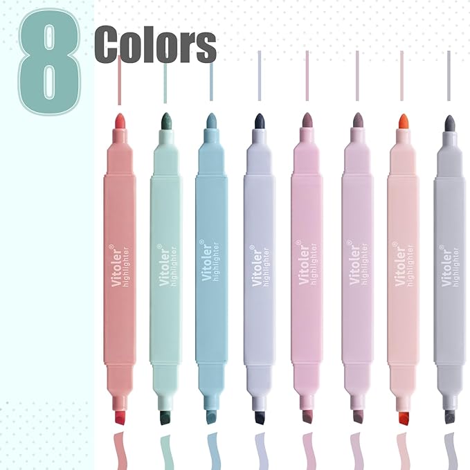 Vitoler Highlighters Pastel,8 Pack Chisel & Fine Tips Bible Highlighters,Soft Tip Highlighter Set for School Office Supplies