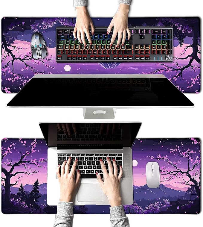 Purple Japanese Mountains Large Mouse Pad, Desk Mat Computer Keyboard Pad Non-Slip Rubber Base Waterproof with Stitched Edges for Laptop Gaming, Office & Home 31.5 x 11.8 Inch (XL-24)