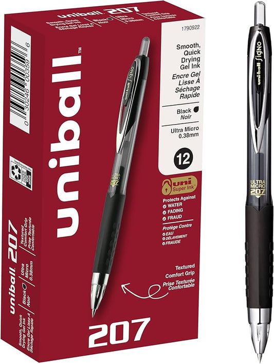 uniball 207 Signo Gel Ultra Micro Gel Pen, Retractable, Extra-Fine 0.38 Mm, Black Ink, Smoke Barrel 12 Count (Pack of 12)