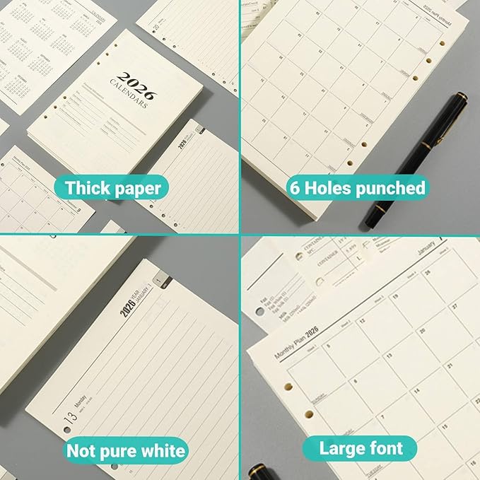 2026 A5 Weekly & Monthly Planner Binder Refill, 5.8"x8.3" 176 Page Planner Refills for A5 Binder, 6-Hole Punched, Daily Planner with Calendar, Contact Pages and Notes (Beige-2026)