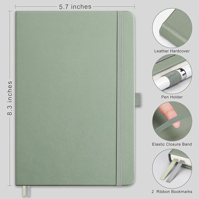 RETTACY Dotted Journal Notebook, 192 Pages, A5 Medium Size (5.7'' x 8.3''), Leather Hardcover, 100 GSM Thick Paper, for Bullet Journaling, Planning, Tracking (Sage Green)