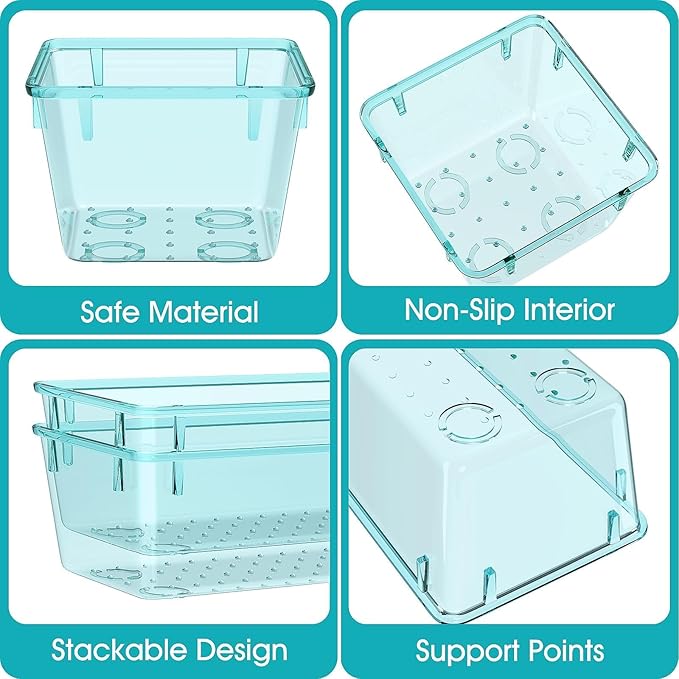 28 PCS Clear Plastic Drawer Organizers Set, 4 Size Desk Drawer Organizer Trays for Makeup, Jewelry, Kitchen Utensils, Gadgets and Office Accessories, Sea Blue