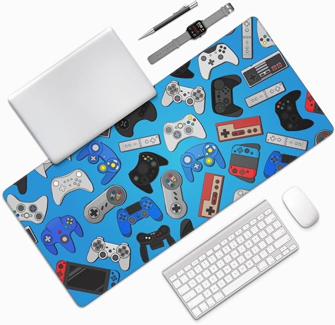 Video Game Controller Blue Mouse Pads XXL Extended Mousepad with Stitched Edges Gaming Theme Non-Slip Rubber Base Computer Keyboard Pad Desk Mat for Home Office Desk Decor, 35.4" X 15.7"