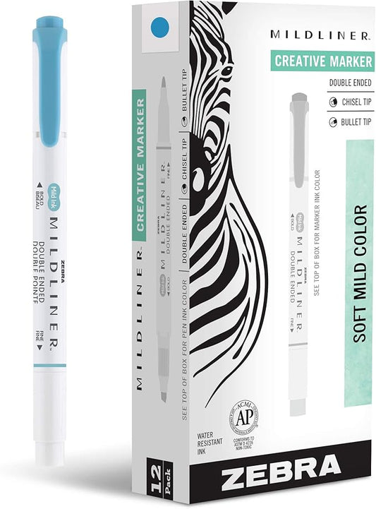 Zebra Pen Mildliner Dual-Tip Highlighters, Broad and Fine Tips, Ideal for Bible Highlighting, No Bleed, School Supplies, Teacher Supplies, and Office Supplies, Mild Smoke Blue Ink, 12-Pack (78420upc)