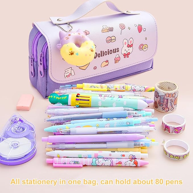 Pencil Case for Girls, Kids Large Capacity Cute Pencil Box with Compartments School Organizer Pen Pouch (Doughnut Purple)