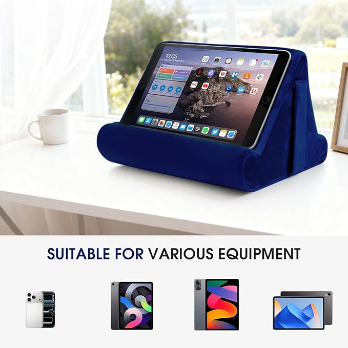 Multi-Angle Tablet Stand with Soft Pad Cushion and Net Pocket - Universal Phone and Pad Holder for Lap, Knee, Sofa and Bed (Navy Blue)