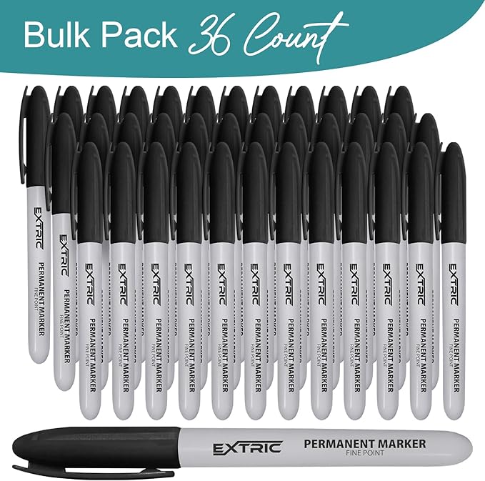 EXTRIC Permanent Markers Black, 36 Count Fine Point Markers, Quick Drying, Works on Wood, Paper, Plastic, Metal and Glass, for Home, Office and School use