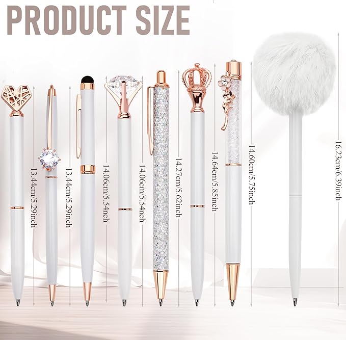 WEMATE 8Pcs Ballpoint Pens Set Metal Crystal Diamond Pen Glitter for Journaling White Pen Bling in Black & Blue Ink Pretty Cute Pens Fancy Pens Mothers Day Gifts for Women Wedding School Office(White)