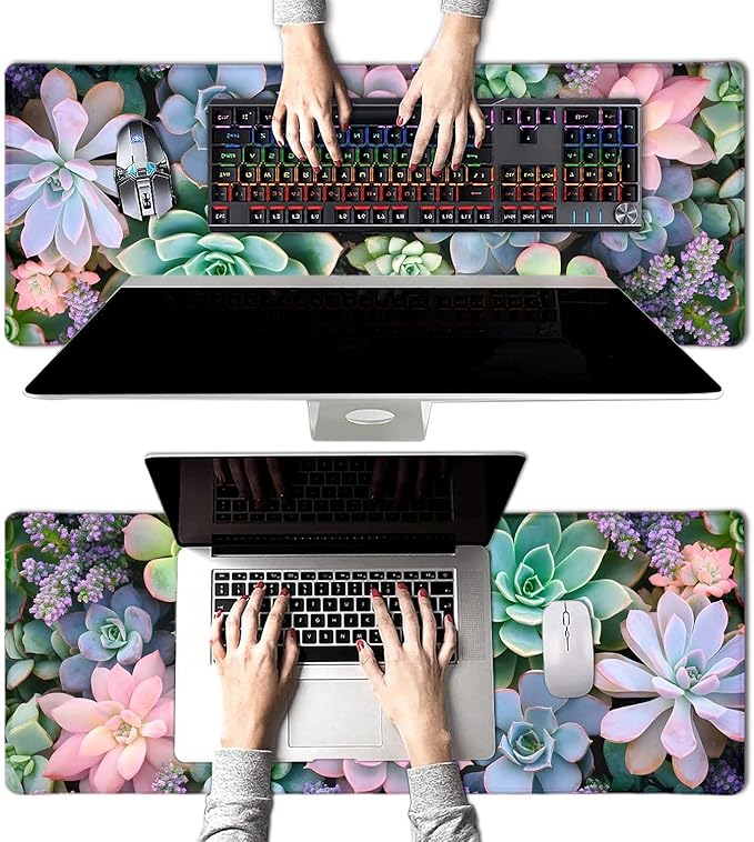 Cute Succulent Plants Large Mouse Pad, Desk Mat Computer Keyboard Pad Non-Slip Rubber Base Waterproof with Stitched Edges for Laptop Gaming, Office & Home 31.5 x 11.8 Inch (XL-17)