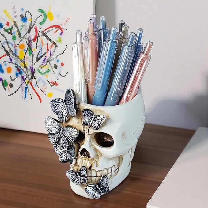 Skull Pen Holder Desk Organizer, Halloween Decor Skull Pencil Cup for Office Home School, Compact Gothic Desk Accessories Gift for Skull Lovers