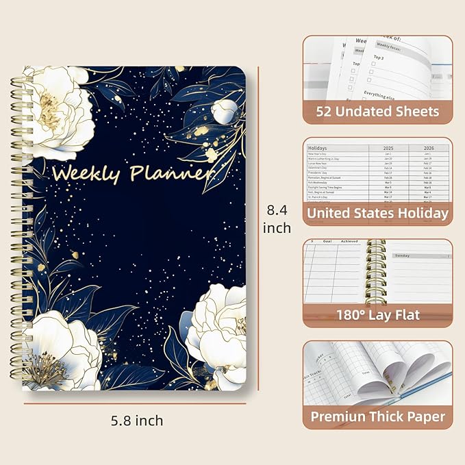 Weekly Planner Undated - 52 Weeks To Do List Notebook A5 for Work: Weekly Task, Habit Tracker Journal, Goal Setting, Agenda Sprial Bound Organizer Book Women Cute Stylish Design, Blue Flower