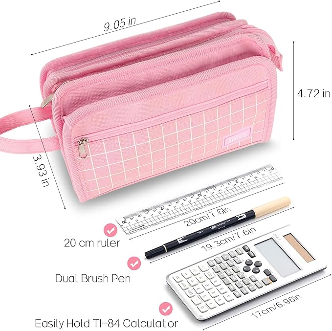 Sooez Large Pencil Case, Big Capacity Pencil Pouch Pen Bag with 3 Compartment, Portable Canvas Stationery Organizer with Zipper, Cute Aesthetic School Supplies for Teen Girls, Army Green with Plaid