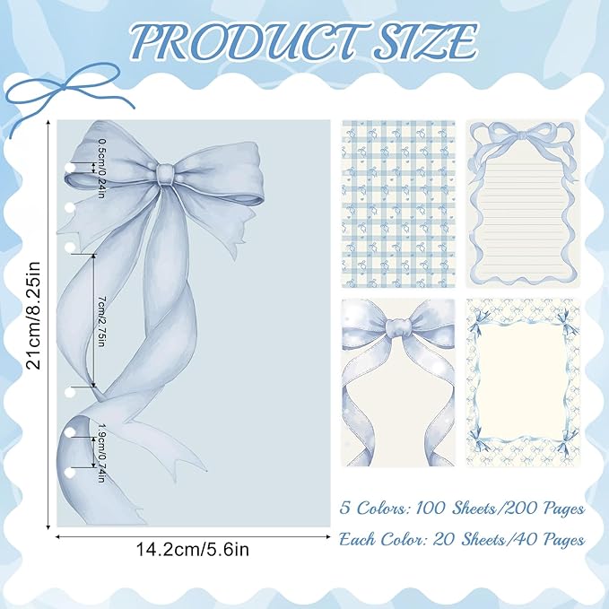 100 Sheets Blue Bow A5 Refill Papers for Planner Insert Binder, Thick Loose Leaf Paper, 120GSM 6 Hole Journal Fillers for A5 6 Ring Binder Notebook Diary Budget Personal Organiser