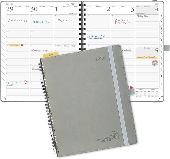 POPRUN 2026 Planner (Large - 8.5" x 10.5") with Hourly Schedule & Vertical Layout - 2026 Weekly Calendar (Jan. 2026 - Dec.2026) for Time Management, Monthly Tabs, Spiral Bound, Soft Cover - Grey