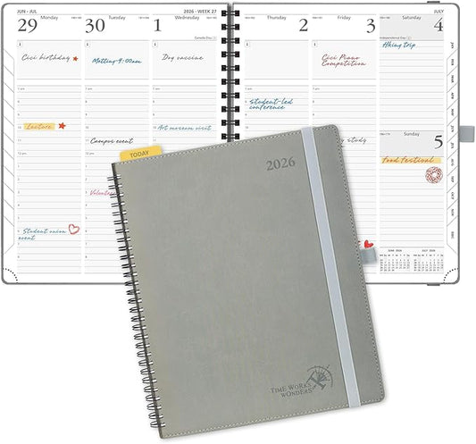 POPRUN 2026 Planner (Large - 8.5" x 10.5") with Hourly Schedule & Vertical Layout - 2026 Weekly Calendar (Jan. 2026 - Dec.2026) for Time Management, Monthly Tabs, Spiral Bound, Soft Cover - Grey