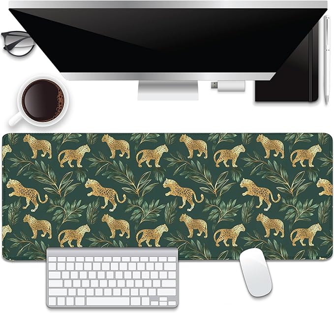 Leopard Desk Pad Mouse Pad,XL Extend Leaves Gold Mouse Mat with Stitched Edges for Gift,Non-Slip Rubber Base Mousepad for Office PC Keyboard Laptop and Home Work Desk Mat(31.5X11.8 in)