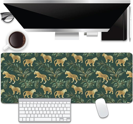 Leopard Desk Pad Mouse Pad,XL Extend Leaves Gold Mouse Mat with Stitched Edges for Gift,Non-Slip Rubber Base Mousepad for Office PC Keyboard Laptop and Home Work Desk Mat(31.5X11.8 in)