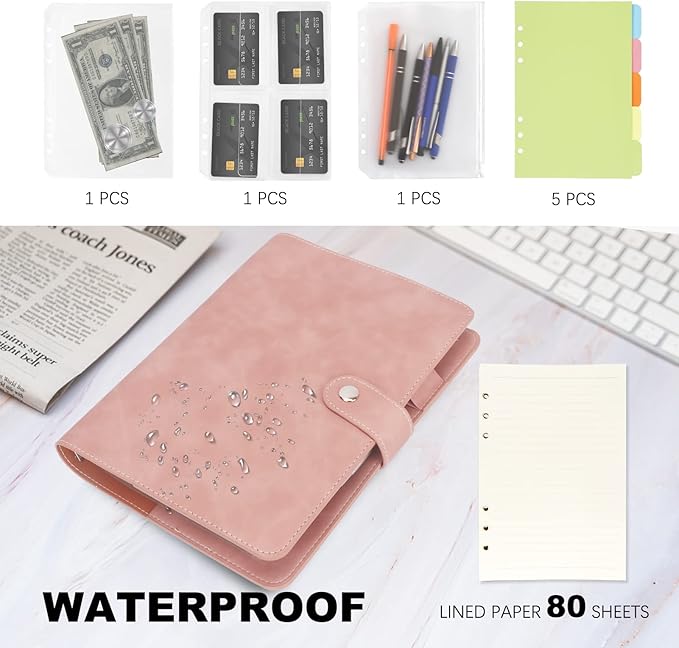 FYY A5 Binder Refillable Planner Notebook 6 Ring PU Leather Binder Journal with Pockets, Dividers, Refill Paper Pink