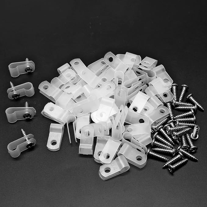 60pcs 1/4 Inch Nylon Cable Clamps, R-Type Wire Cable Clips with M4 Screws, Screw Mounting Cord Fastener Wire Conduit Clamp for Wire Management (White)