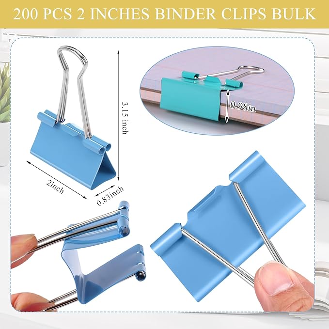 Jetec 200 Pcs Extra Large Binder Clips Bulk 2 Inch Metal Jumbo Binder Clips Office Supplies Colorful Paper Clamps for Teachers Students Office Business Supplies