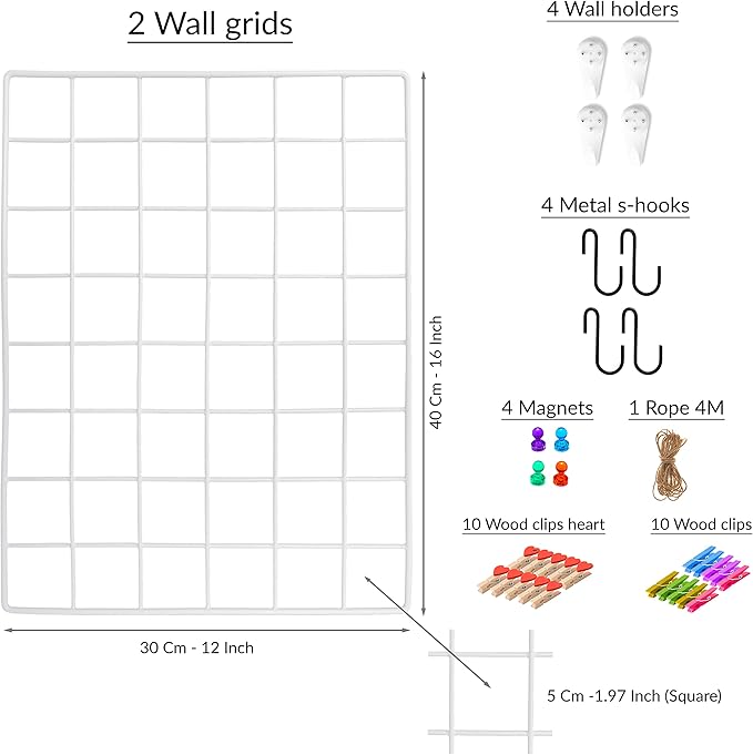 ODOXIA 2 Pack Wire Wall Grid Panel | Photos & Pictures Display Grid Wall Panels | White, Magnetic & Metal Grid | Photo Grid | Wire Board | Hanging Home, Office & Kitchen Décor