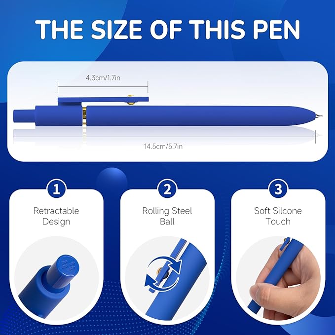 6 Pcs Blue Ink Pens for Journaling 0.5mm Fine Point Blue Gel Ink Pens, Smooth Writing Quick Dry Pens for Note Taking, Gift Set for Women & Men (6 Pcs Blue Gold)