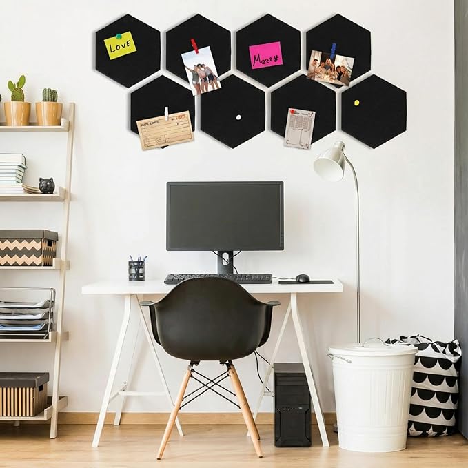 8 Pcs 12" Large Hexagon Felt Cork Board Tiles Self Adhesive DIY Bulletin Board Pin for Office Home Wall Decor Stickers Memos Photos Display with 10 Multi-Color Clip Drawing Pins(Colorful)