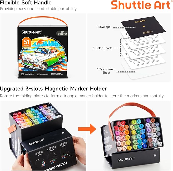 Shuttle Art 51 Colors Alcohol Markers, 50 Colors Dual Tip Art Marker Set Plus 1 Colorless Blender with Marker Case Perfect for Illustration Students Adult Coloring Sketching (Pack of 2)