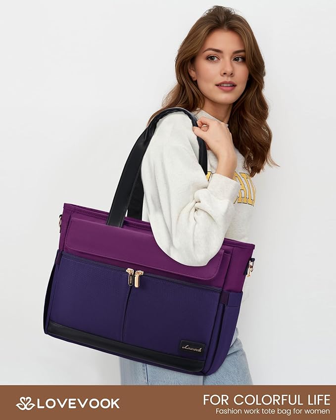 LOVEVOOK Upgrade Version Work Bags for Women 15.6 Inch Laptop Bag Large Capacity Mutiple Pockets Teacher Bag Water Resistant Canvas Tote Bag Purse for Office Travel Nurse Teacher, Dark Purple-Black