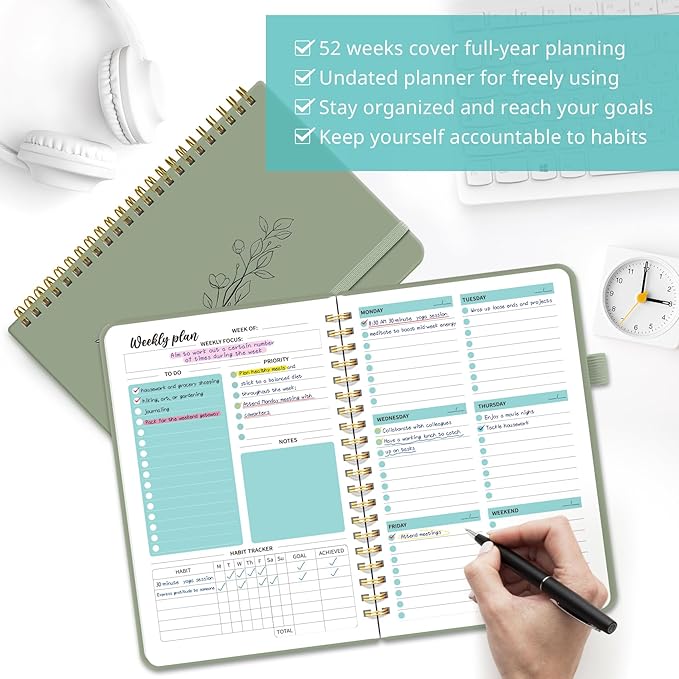 Undated Weekly Planner, Weekly To Do List Notebook with Goal & Habit Tracker Organizer, A5 Weekly Planner Notebook with Spiral Binding, 6.1" x 8.2" - Green