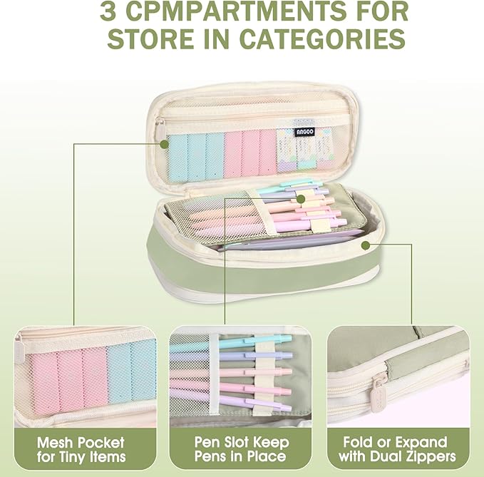 Aesthetic School Supplies with Cute Pencil Case, 12x Pastel Mechanical Pencils 0.5 & 0.7mm with 720x HB Leads, 4x Erasers and 1x Sticky Note, Suitable for Writing, Drafting Drawing Sketching(green)