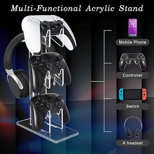 FYY Game Controller Holder 3 Tiers - Universal Dual Stand and Headphone Holder, Acrylic Clear Display Compatible With Nintendo Switch, Xbox, PS5, PS4 - Desk Mounts for Controllers