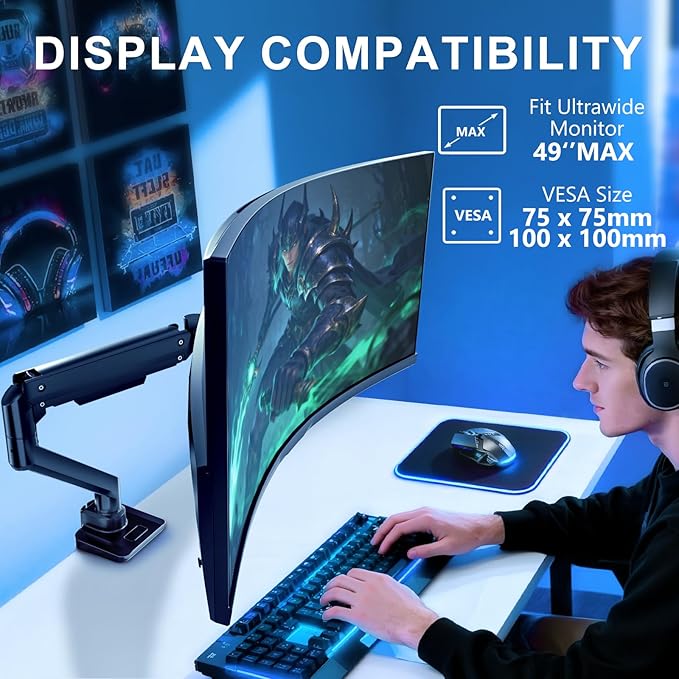 WALI Single Monitor Gas Spring Desk Mount, Heavy Duty Monitor Arm for Ultrawide Screen up to 49 inch, 44 lbs with USB. Fully Adjustable, Mounting Holes 75 and 100 (GSMU001XL), Black