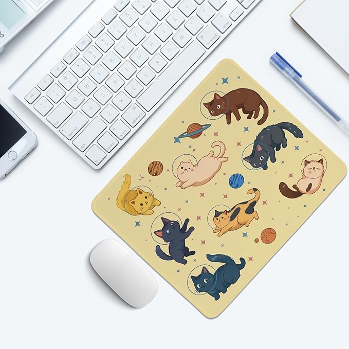 Yellow Funny Cats in Space Mouse Pad,Cute Cat Desk Mat,Cat Desk Accessories for Dorm Home Office Desktop Decor,Gift for Cat Lovers,10.2x8.2 in
