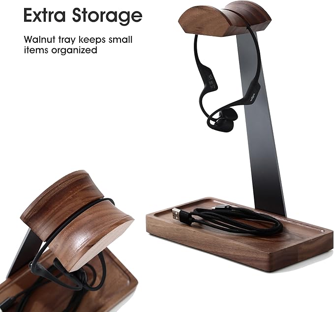 Walnut Headphone Stand, Wood Headset Stand for Desk, Gaming Headphone Holder with Storage Base Compatible with Airpod max, Bose, Razer, Sennheiser, Jabra, JBL, AKG, Grey