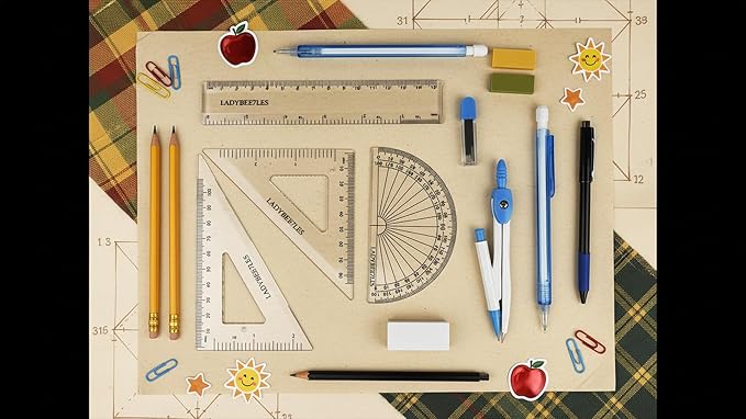 Maths Set Pastel Blue 9PCS Set, Geometry Set Square 4PCS Pack, Compass, Mechanical Pencil, Pencil Leads, Eraser Included in A RE-USABL Plastic Box, Nice Back to School Stationery Set for Students