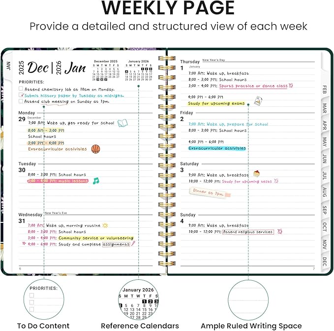 2026 Planner, Weekly and Monthly Calendar Planner for Women, Jan 2026 - Dec 2026, Hardcover Planning Agenda book with Tabs, Spiral Bound, Inner Pocket, Perfect for School Office Supplies, 6.3" x 8.5" - Wild Asters