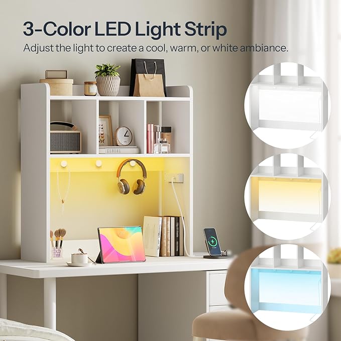 HOOBRO Desktop Bookshelf, Office Desktop Shelf, Desk Hutch with Outlets, Wooden Office Desktop Bookcase, Desktop Organizer Shelf with LED Light Strip and 3 Hooks, for Home, Study, White WT12UDSJ01