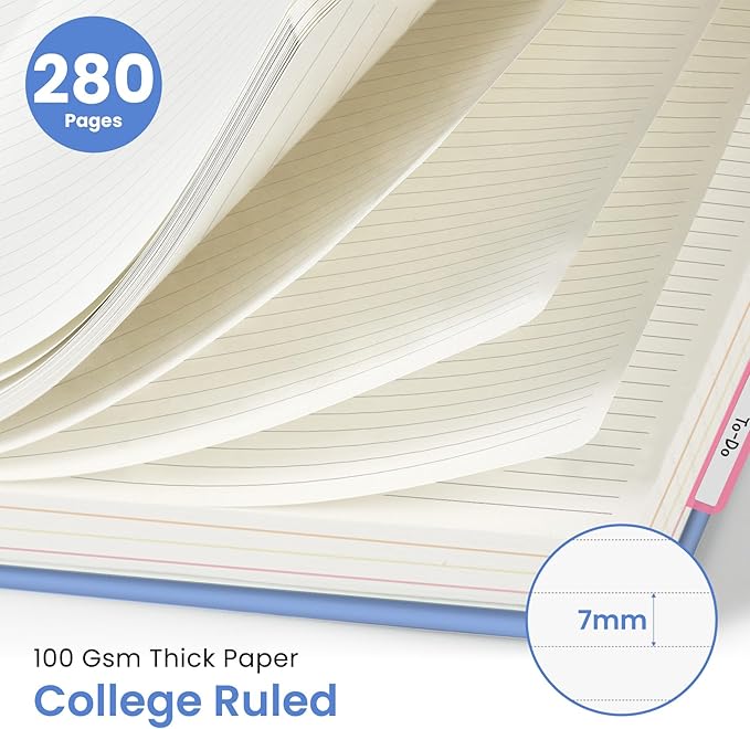 Hardcover Spiral Journal Notebooks for Work With Removable Dividers & Tabs, 8.5"x11" 5 Subject Notebook for Note Taking & Organizer, A4 College Ruled Lined Journal for Women & Writing, Lavender, 280 Pages