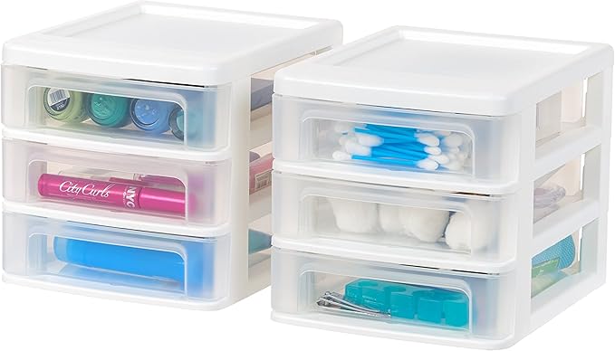 IRIS USA Plastic Stacking Desk Top 3-Drawer Storage Organizer, 2-Pack, for Makep Vanity Nail Polish Bathroom Stationery Art Craft Supplies Kitchen Office Garage and Small Organization, Small, White