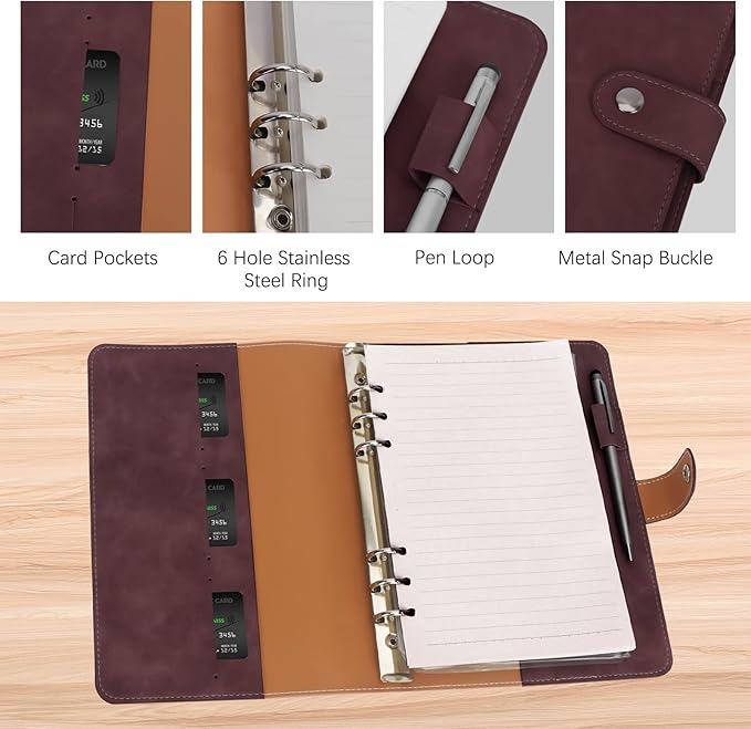 FYY A5 Binder Refillable Planner Notebook 6 Ring PU Leather Binder Journal with Pockets, Dividers, Refill Paper Dark Brown